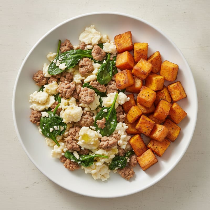 Egg White and Turkey Spinach Scramble with Roasted Sweet Potato