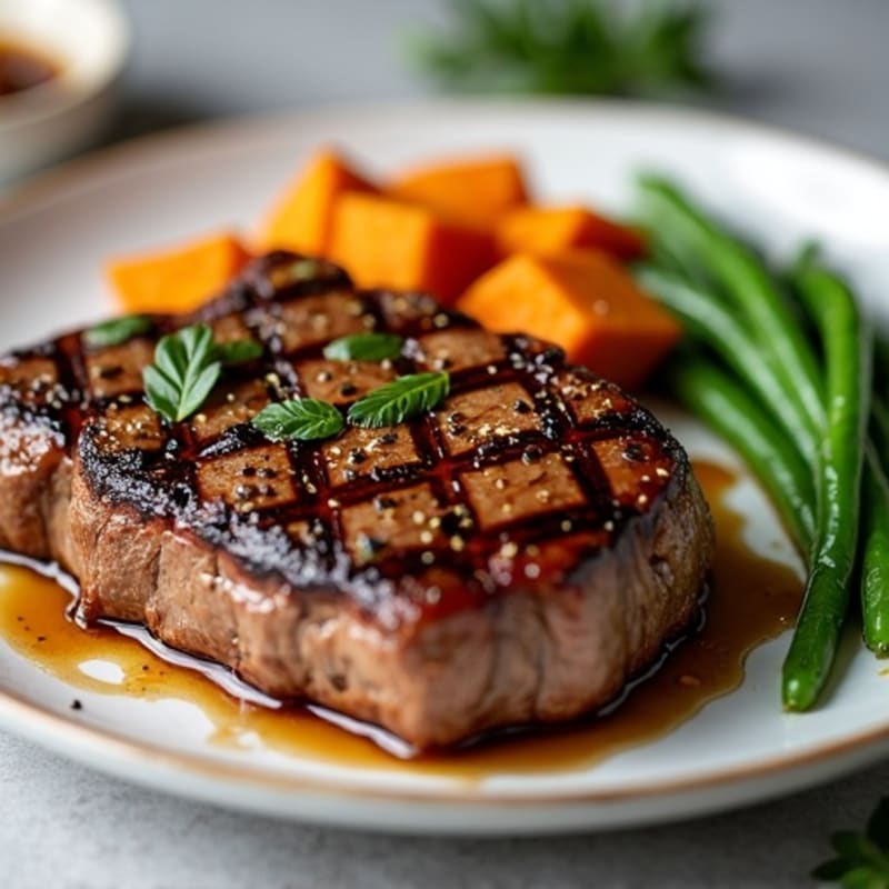 Seared Sirloin Steak with Roasted Sweet Potatoes and Green Beans