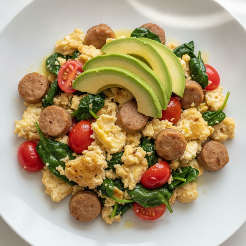 Egg White and Turkey Sausage Scramble with Spinach and Tomatoes