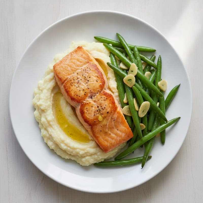 Seared Salmon with Garlic Green Beans and Cauliflower Mash