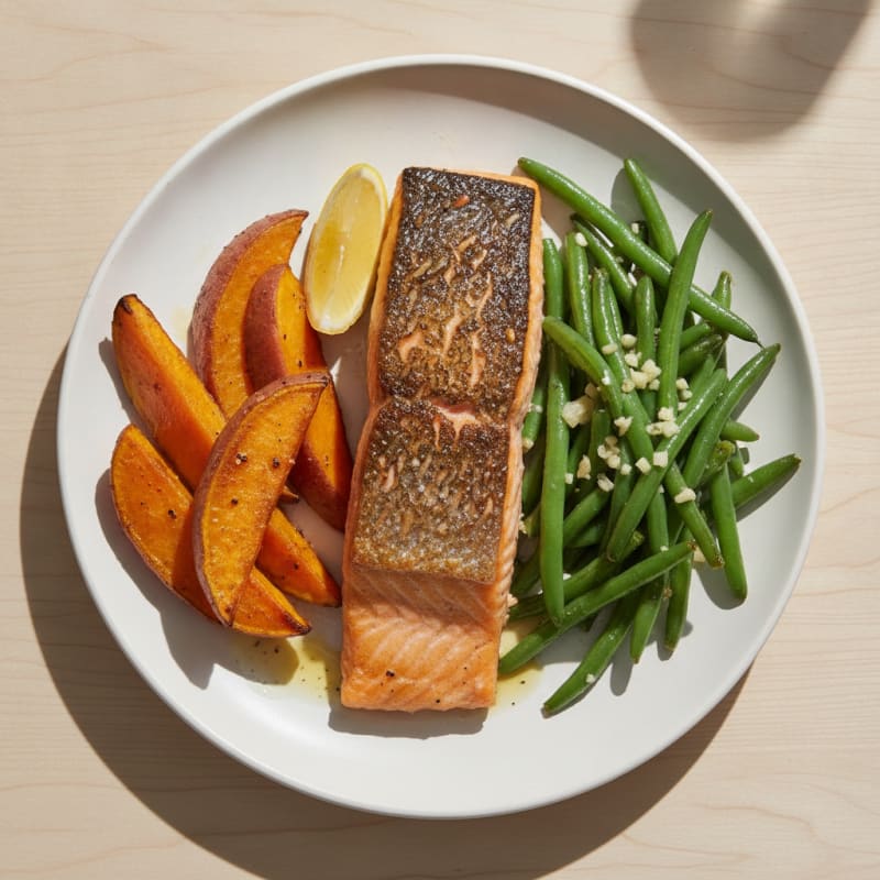Seared Salmon with Garlic Green Beans and Roasted Sweet Potato