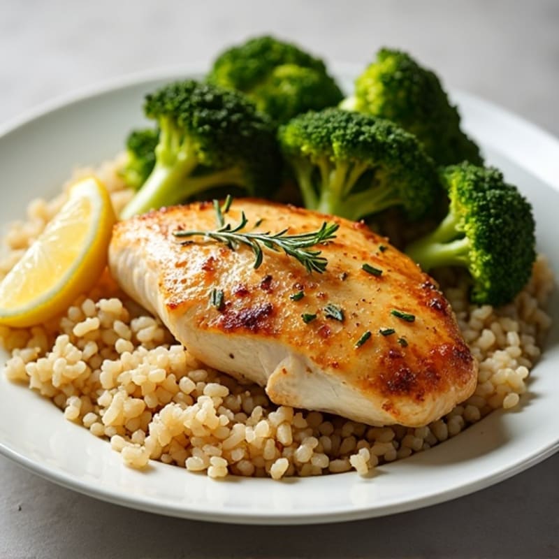 Lemon-Herb Roasted Chicken with Fluffy Brown Rice and Roasted Broccoli