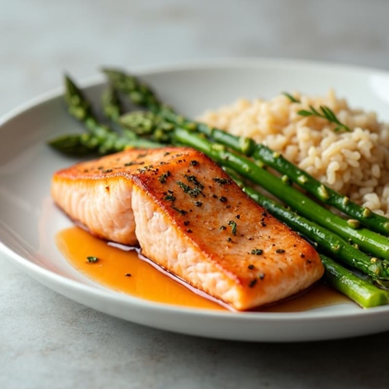 Seared Salmon Fillet with Steamed Asparagus and Brown Rice
