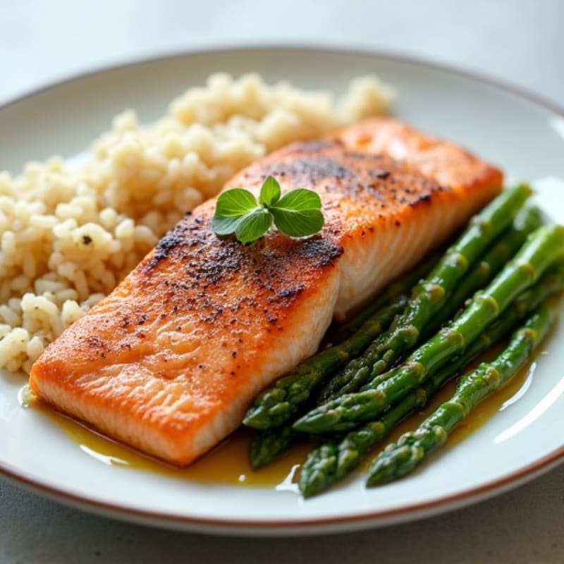 Seared Salmon with Steamed Asparagus and Brown Rice