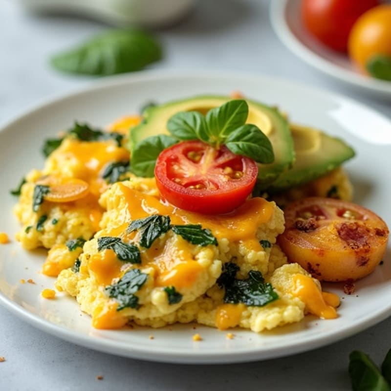 Cheesy Egg White Scramble with Spinach and Turkey Bacon