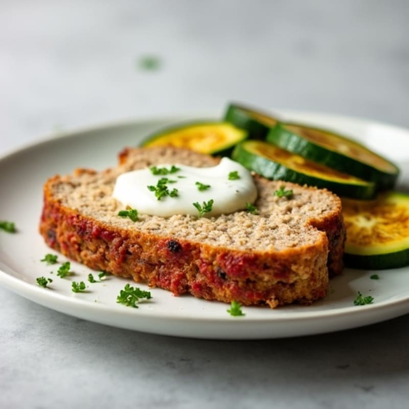 Baked Turkey Meatloaf with Roasted Zucchini and Creamy Yogurt Cottage Cheese Sauce