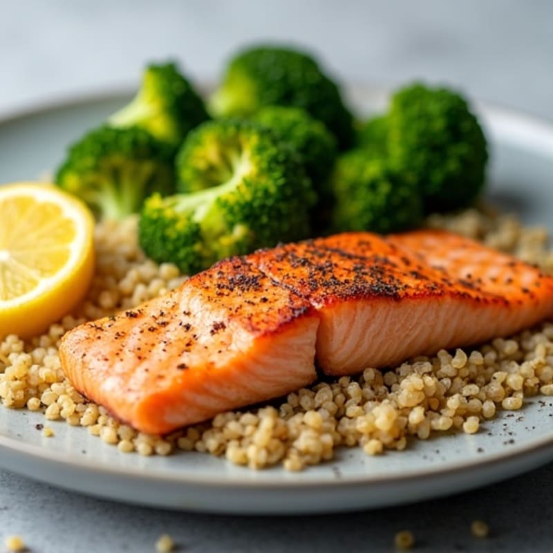 Seared Salmon Fillet with Roasted Broccoli and Quinoa