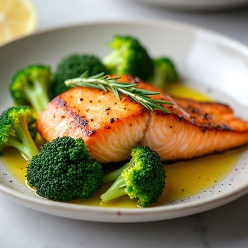 Seared Salmon with Steamed Broccoli and Lemon