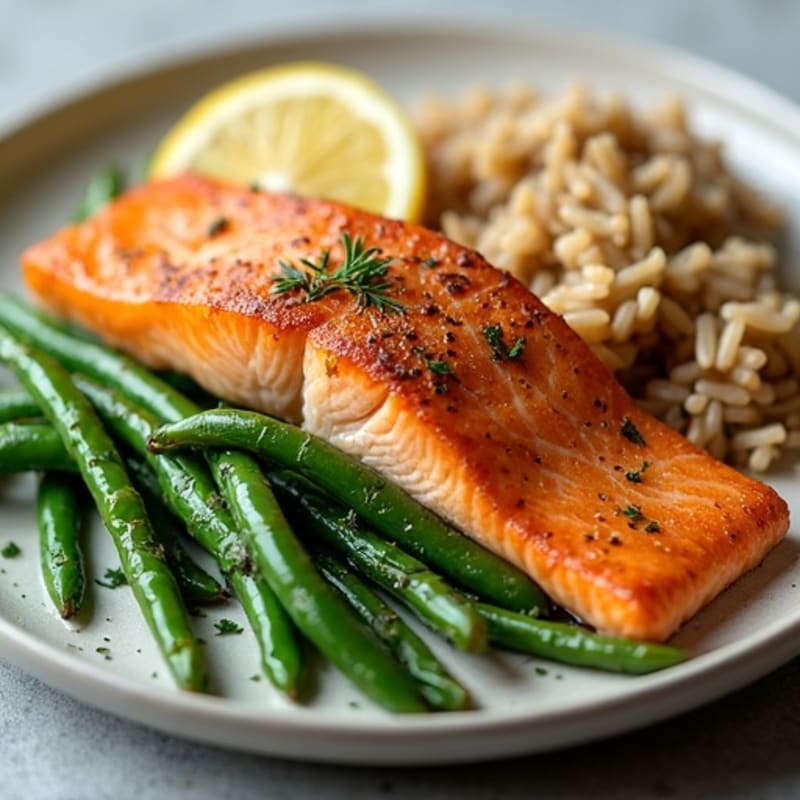 Seared Salmon with Garlic Green Beans and Brown Rice
