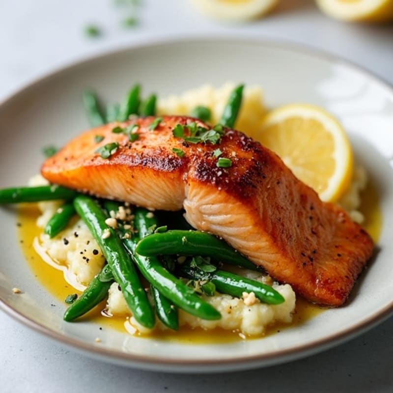 Seared Salmon with Steamed Green Beans and Cauliflower Mash
