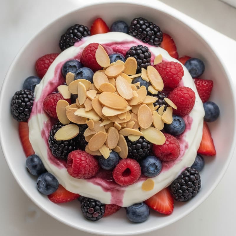 Greek Yogurt Protein Parfait with Mixed Berries and Almonds