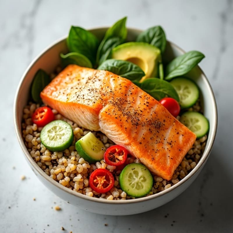 Baked Salmon Fresh Veggie Rice Bowl