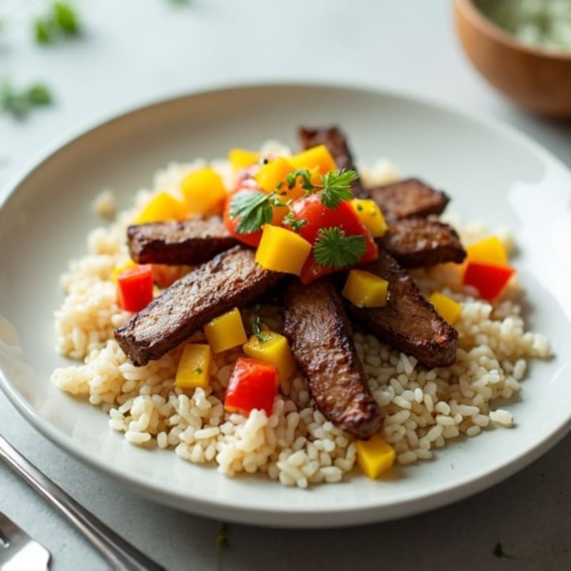 Grilled Beef Strips with Mango Salsa and Steamed Jasmine Rice