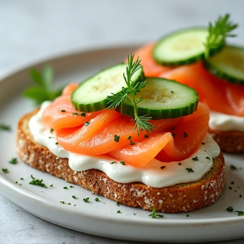 Smoked Salmon Crispy Whole Grain Toast with Creamy Dill Spread and Fresh Cucumber