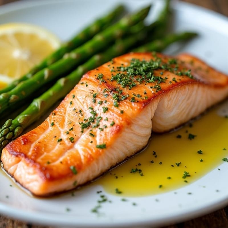 Seared Salmon Fillet with Steamed Asparagus and Lemon