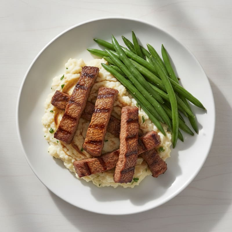 Seared Lean Beef Strips with Steamed Green Beans and Mashed Cauliflower