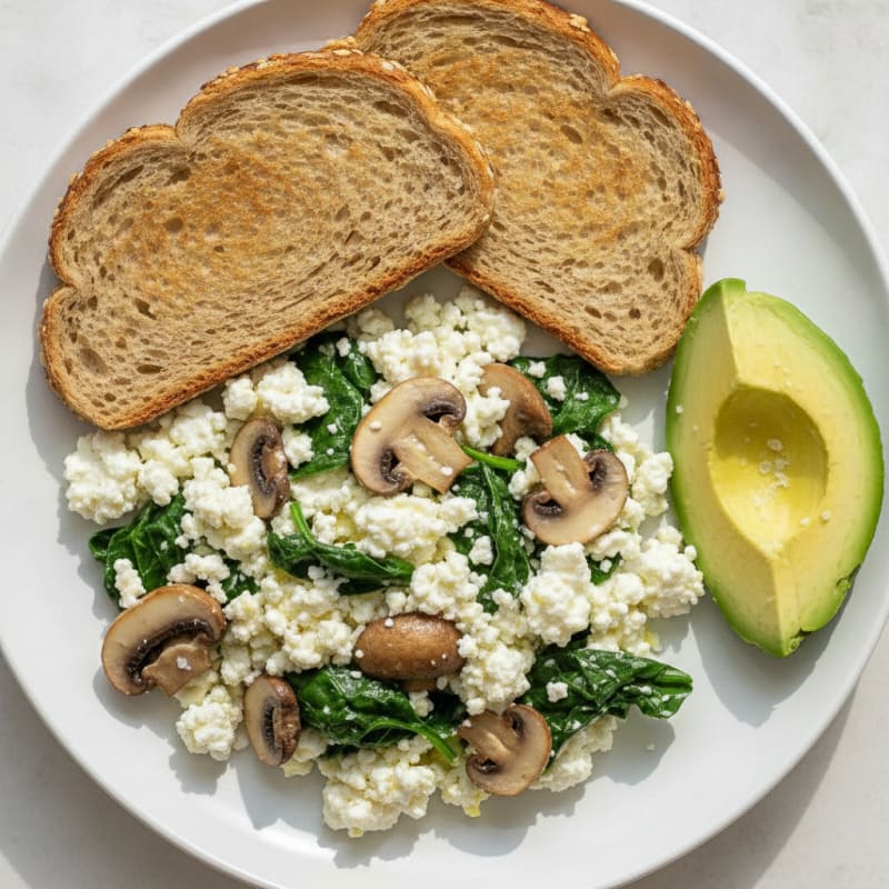 Cottage Cheese and Egg White Scramble with Spinach and Sautéed Mushrooms