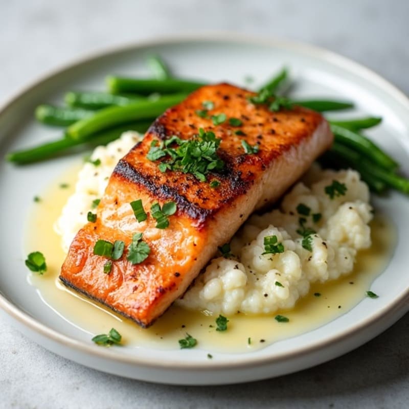 Seared Salmon with Garlic Green Beans and Cauliflower Mash