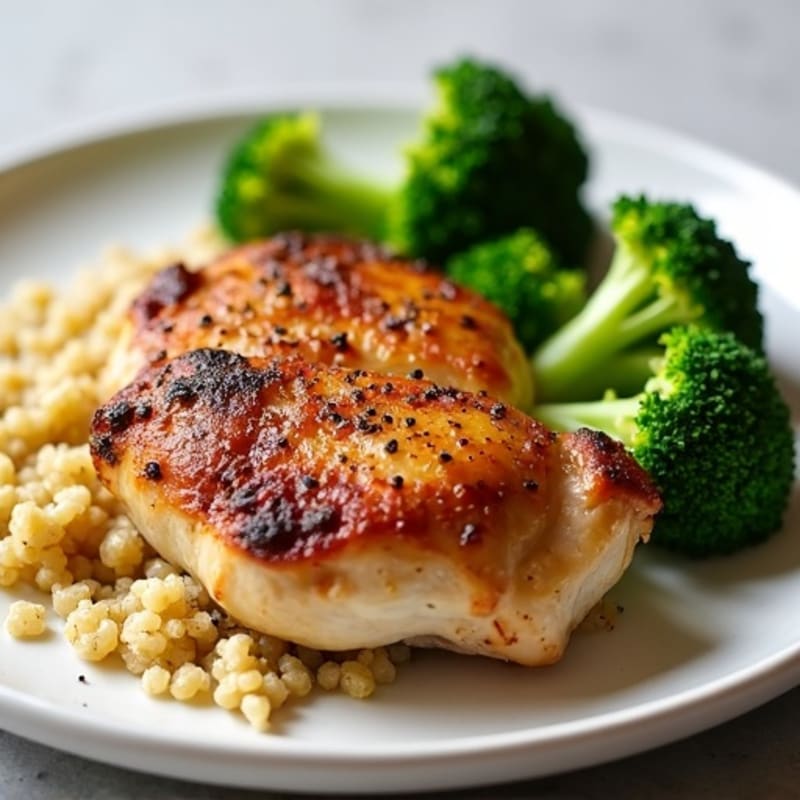 Roasted Chicken Thighs with Steamed Broccoli and Quinoa