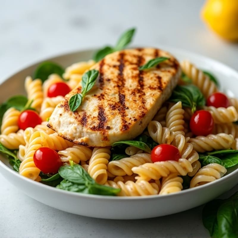 Grilled Chicken Pasta Salad with Spinach and Tomatoes