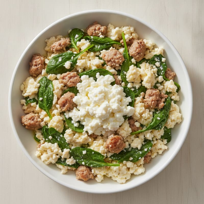 Egg White and Turkey Sausage Scramble with Spinach and Cottage Cheese