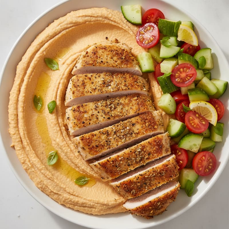 Tomato Basil Hummus with Herb-Crusted Chicken