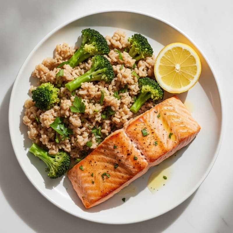 Seared Salmon Fillet with Steamed Broccoli and Herb Rice
