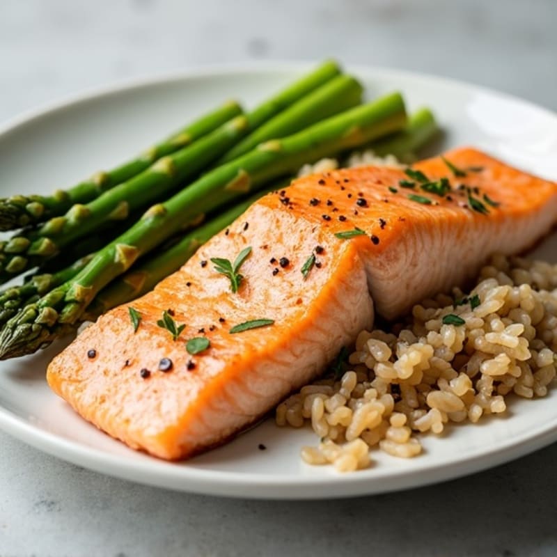 Seared Salmon with Steamed Asparagus and Brown Rice