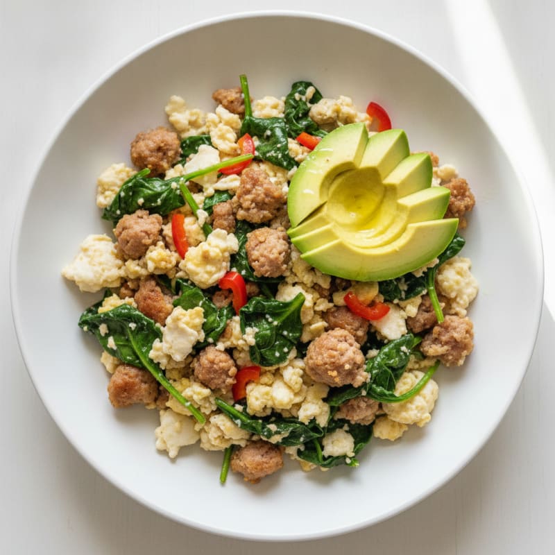 Egg White Scramble with Turkey Sausage and Sautéed Spinach