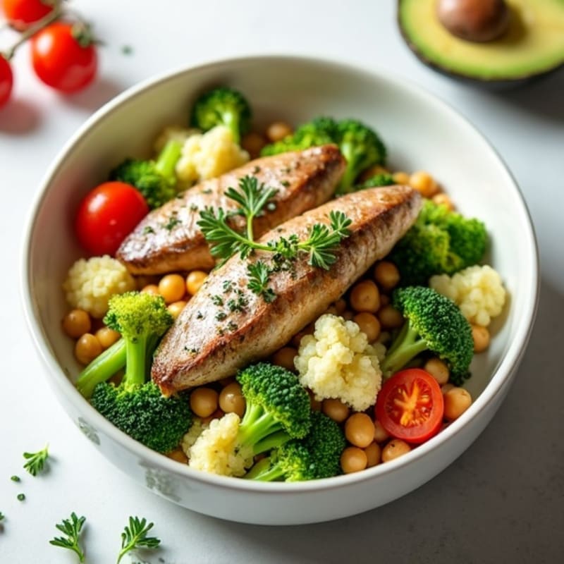 Silky Sardines with Steamed Broccoli and Cauliflower, Fresh Avocado, Chickpeas, Artichoke Hearts, Grape Tomatoes, and Seaweed