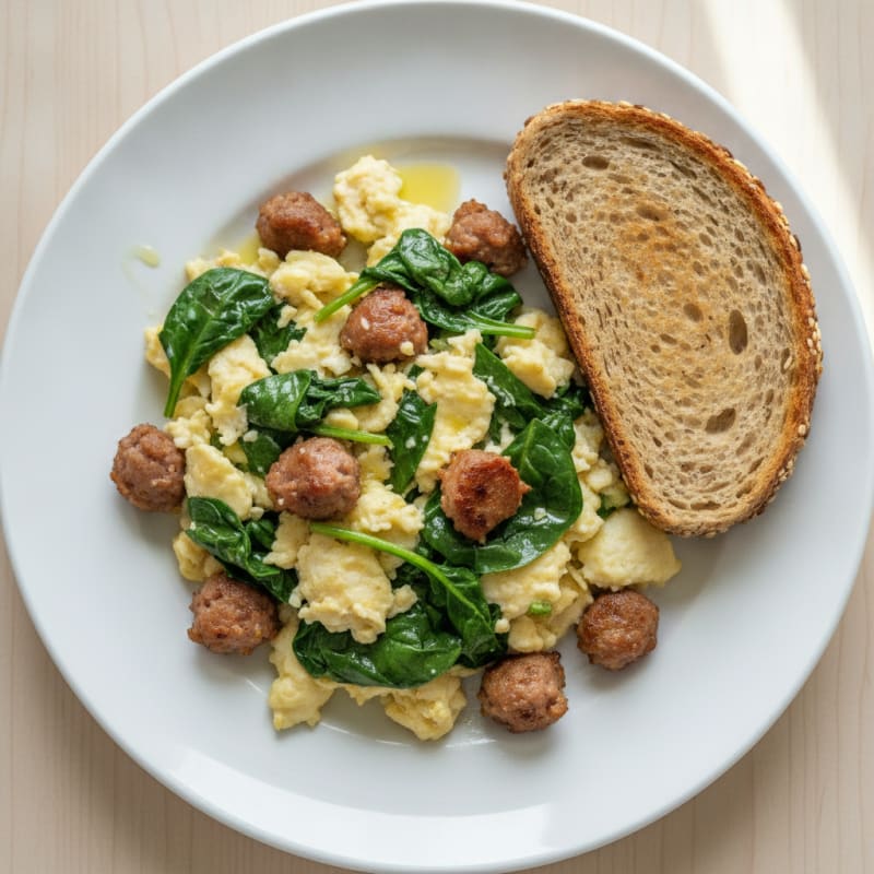 Scrambled Egg Whites with Turkey Sausage and Sautéed Spinach