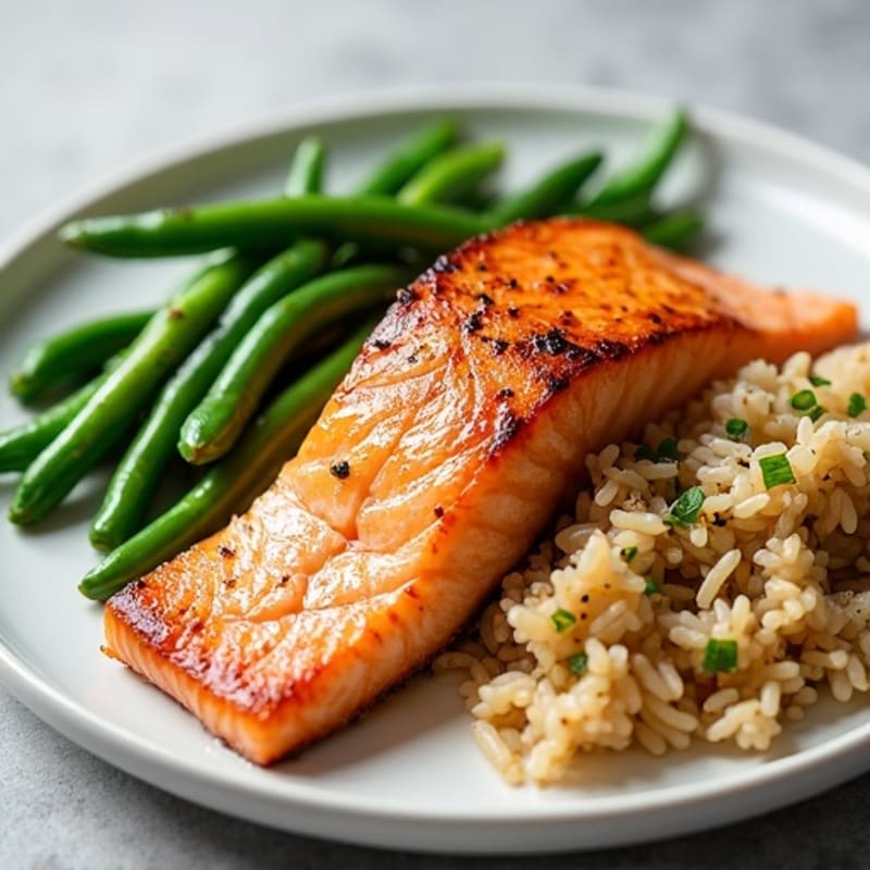 Seared Salmon with Garlic Green Beans and Brown Rice