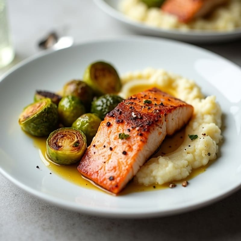 Seared Salmon with Roasted Brussels Sprouts and Cauliflower Mash