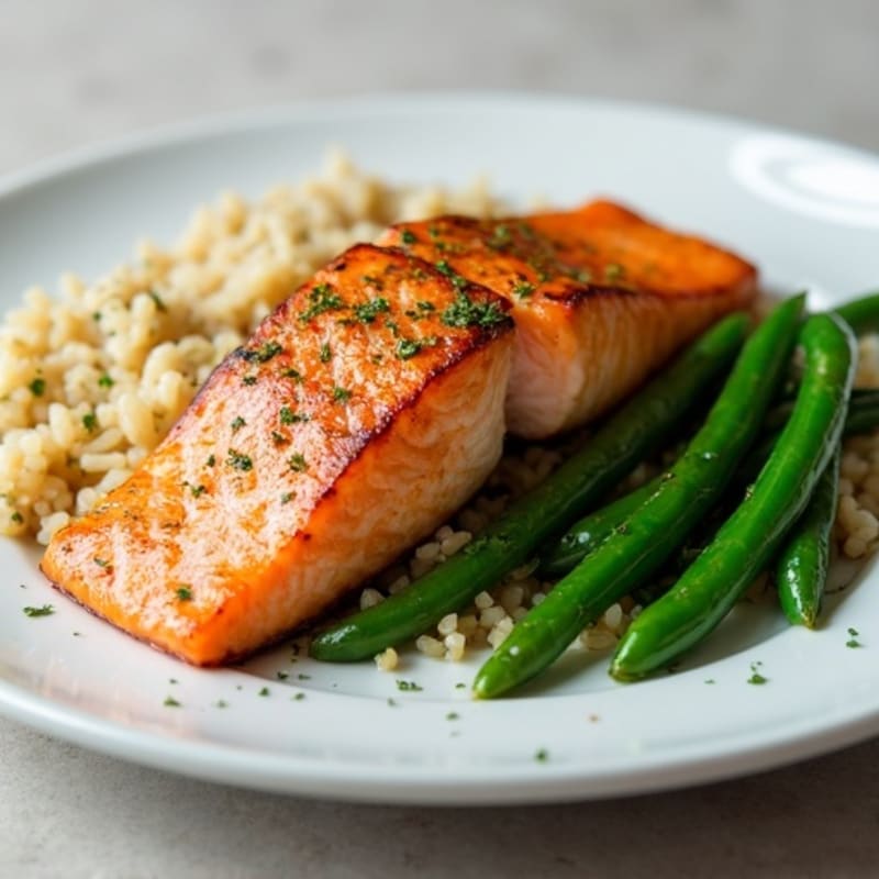 Seared Salmon with Garlic Green Beans and Brown Rice