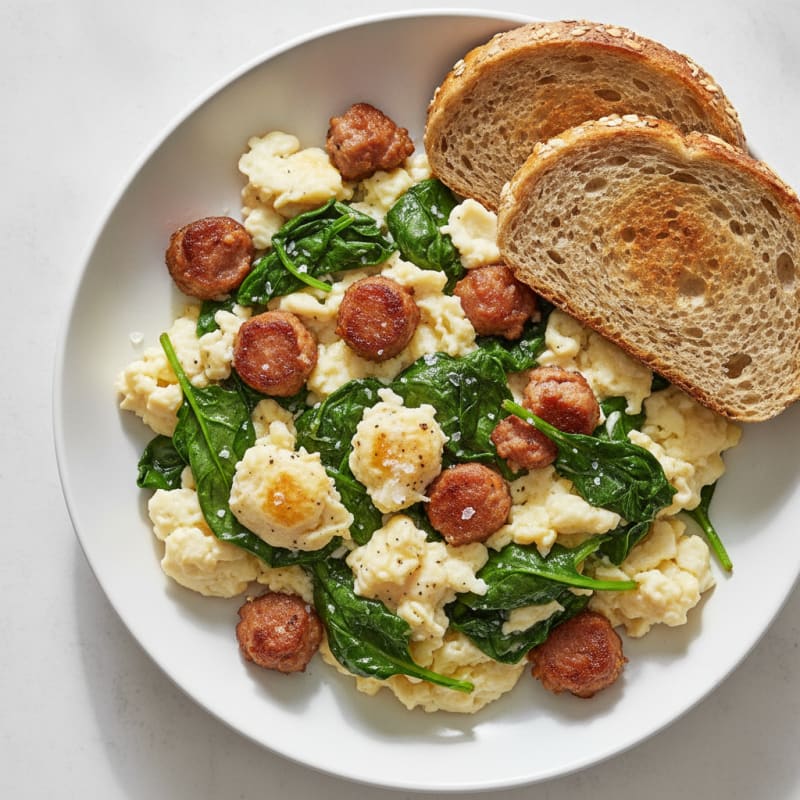 Scrambled Egg Whites with Turkey Sausage and Sautéed Spinach