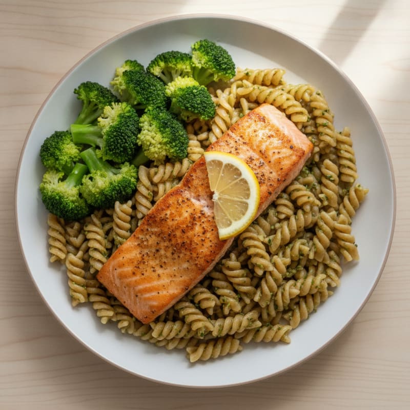 Seared Salmon with Herbed Pasta and Steamed Broccoli