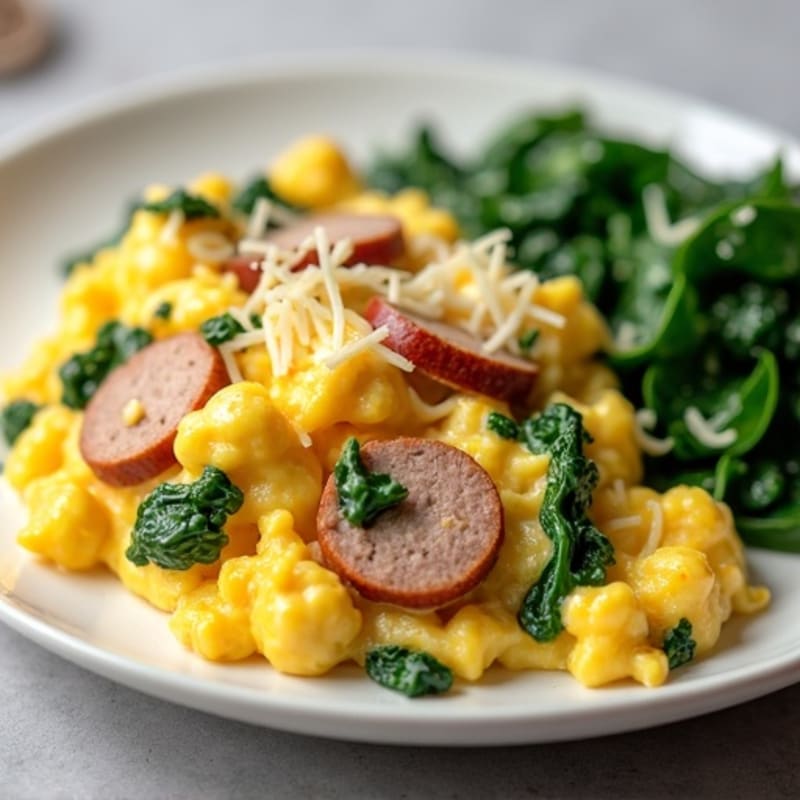 Creamy Egg Scramble with Sautéed Spinach and Lean Chicken Sausage