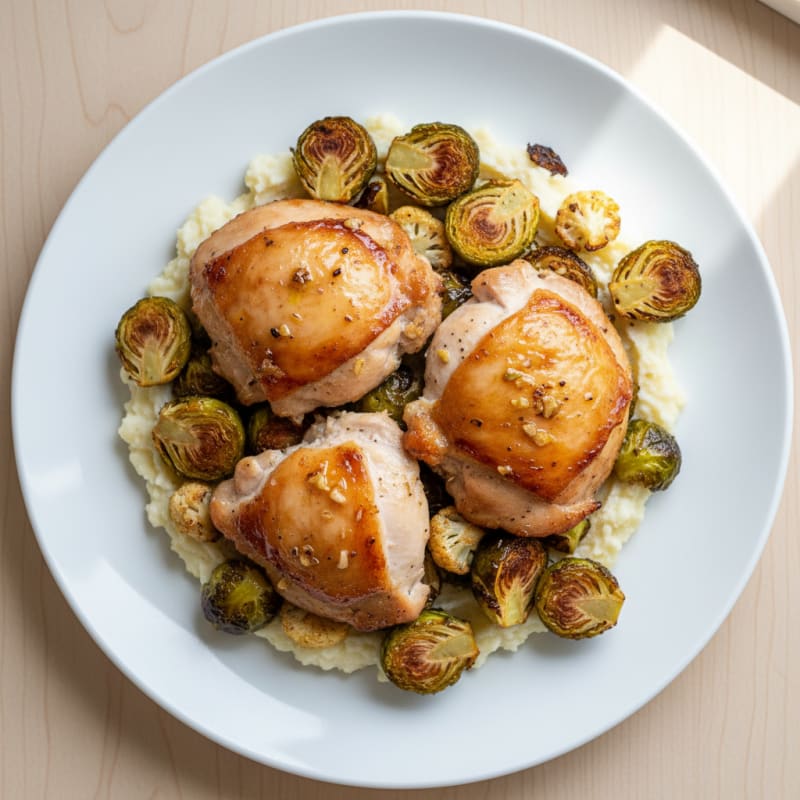 Oven-Baked Chicken Thighs with Roasted Brussels Sprouts and Cauliflower Mash