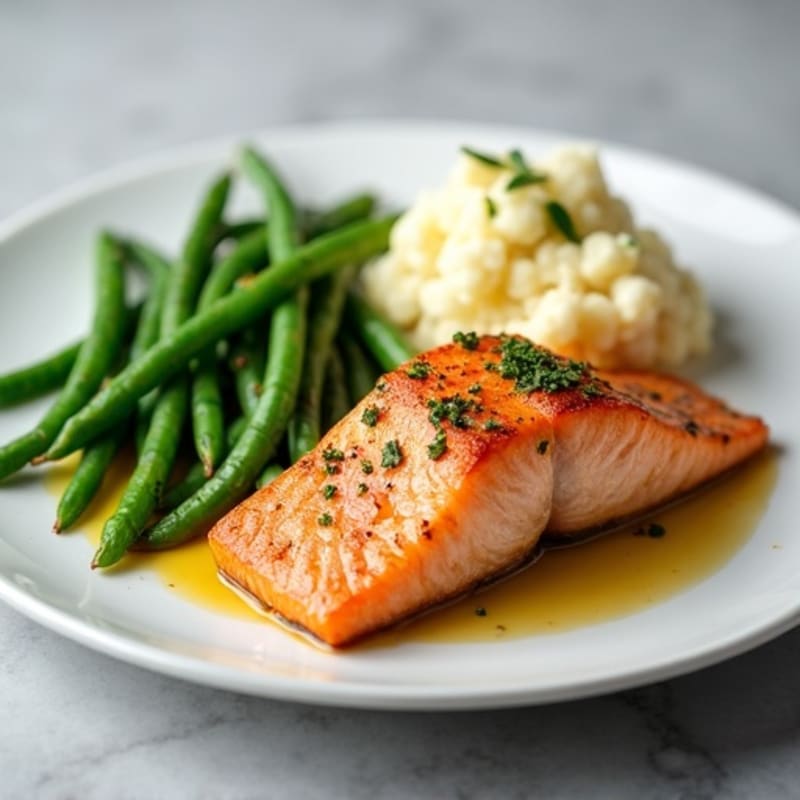 Seared Salmon with Steamed Green Beans and Garlic Mashed Cauliflower