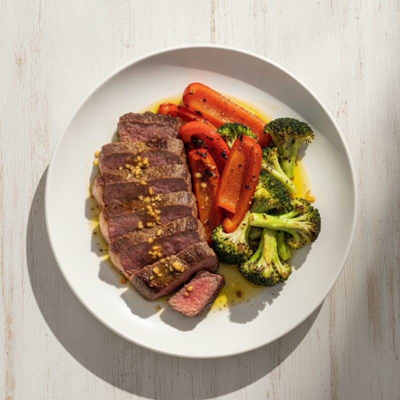 Seared Lean Beef with Roasted Peppers and Broccoli