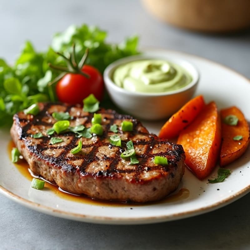 Citrus-Garlic Grilled Steak with Crispy Roasted Sweet Potato Wedges and Creamy Avocado Crema