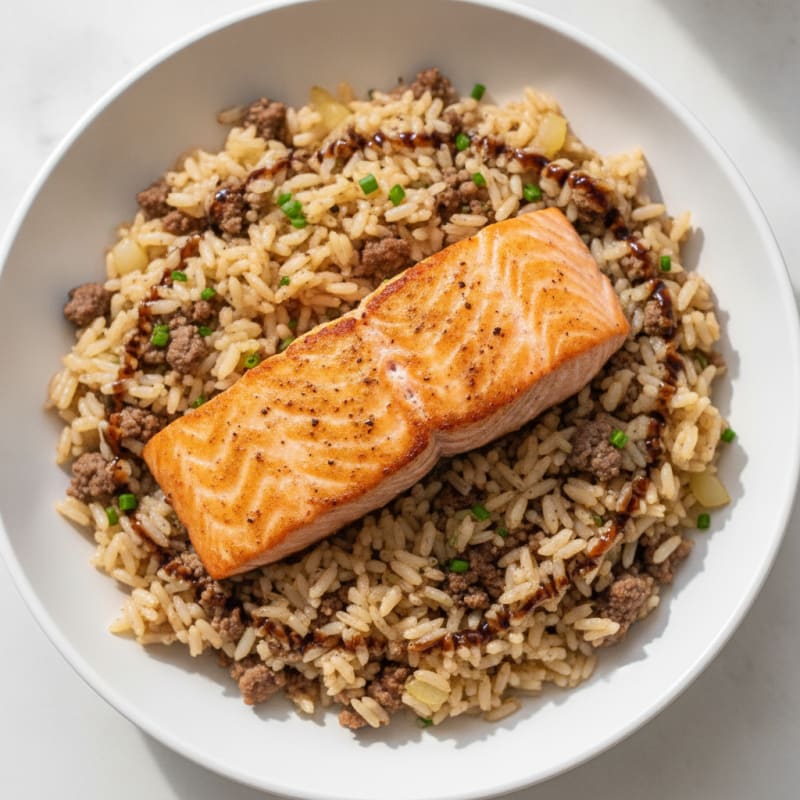 Pan-Seared Salmon with Savory Beef Rice