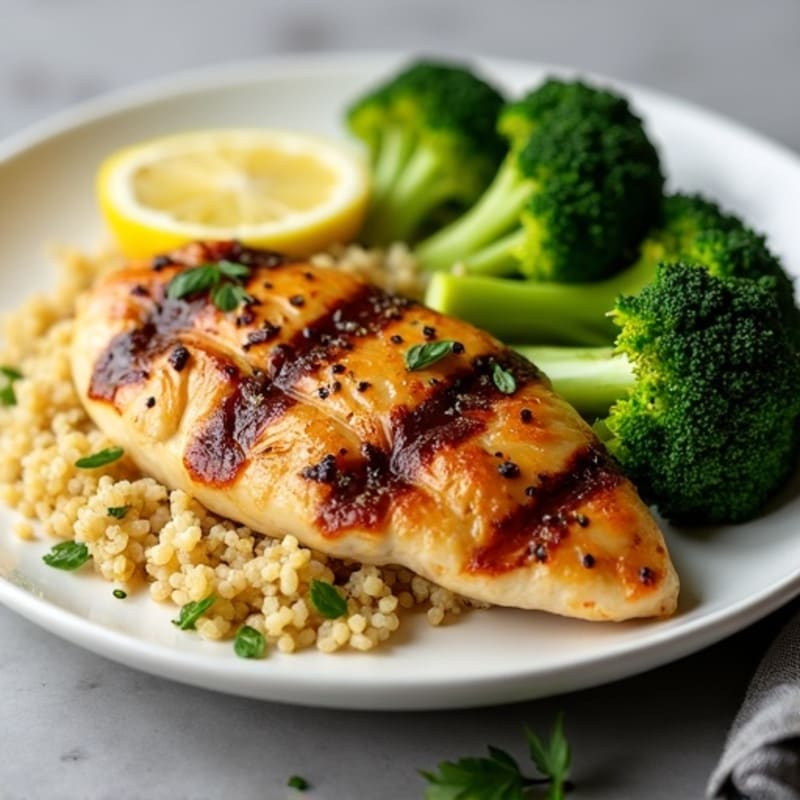 Grilled Lemon Garlic Chicken Breast with Quinoa and Steamed Broccoli
