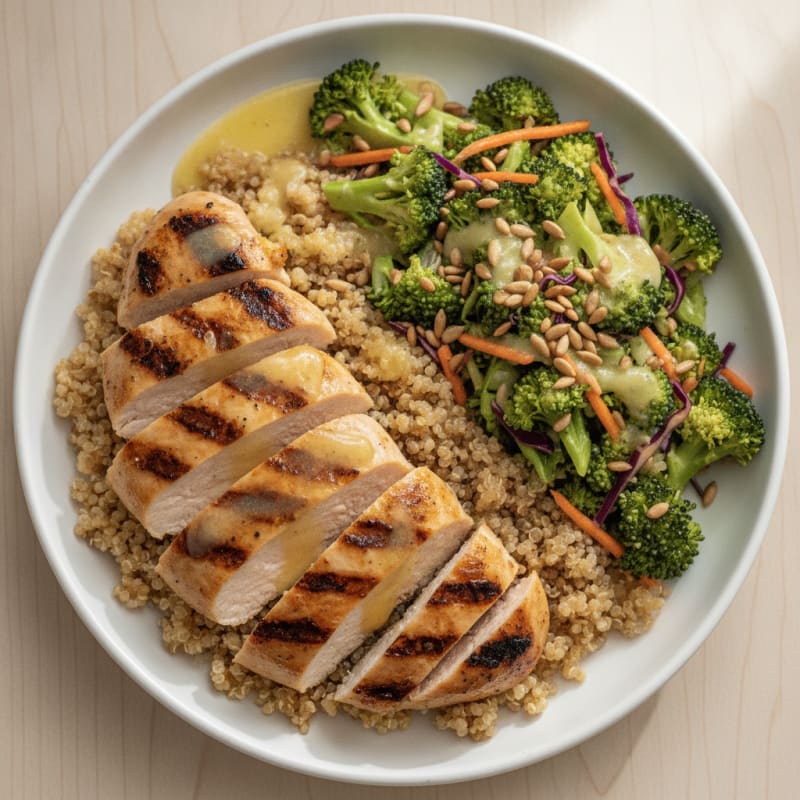Grilled Chicken Breast with Quinoa and Crunchy Broccoli Slaw