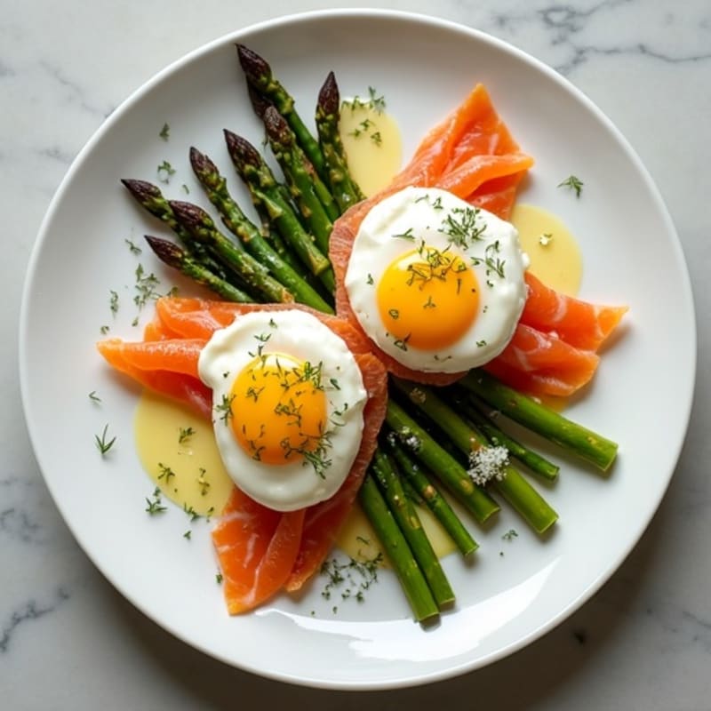 Smoked Salmon Poached Eggs with Roasted Asparagus and Creamy Lemon Dill Sauce