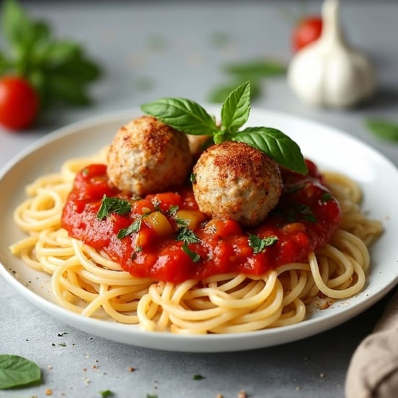 Lean Turkey Meatballs with Whole Wheat Spaghetti and Garden Vegetable Marinara