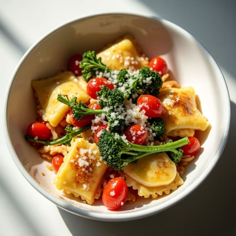 Spinach Ravioli with Roasted Red Pepper Sauce and Crispy Garlic Broccolini (with Grilled Chicken)
