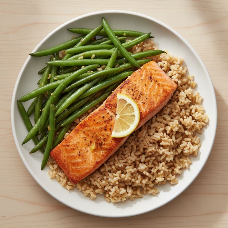 Seared Salmon with Garlic Green Beans and Brown Rice