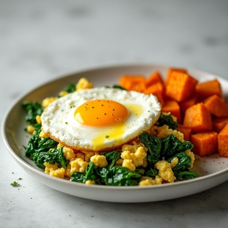 Cottage Cheese Scramble with Spinach and Roasted Sweet Potato
