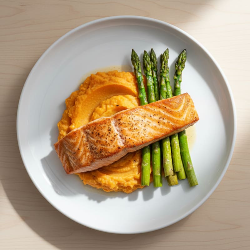 Seared Salmon Fillet with Roasted Asparagus and Sweet Potato Mash